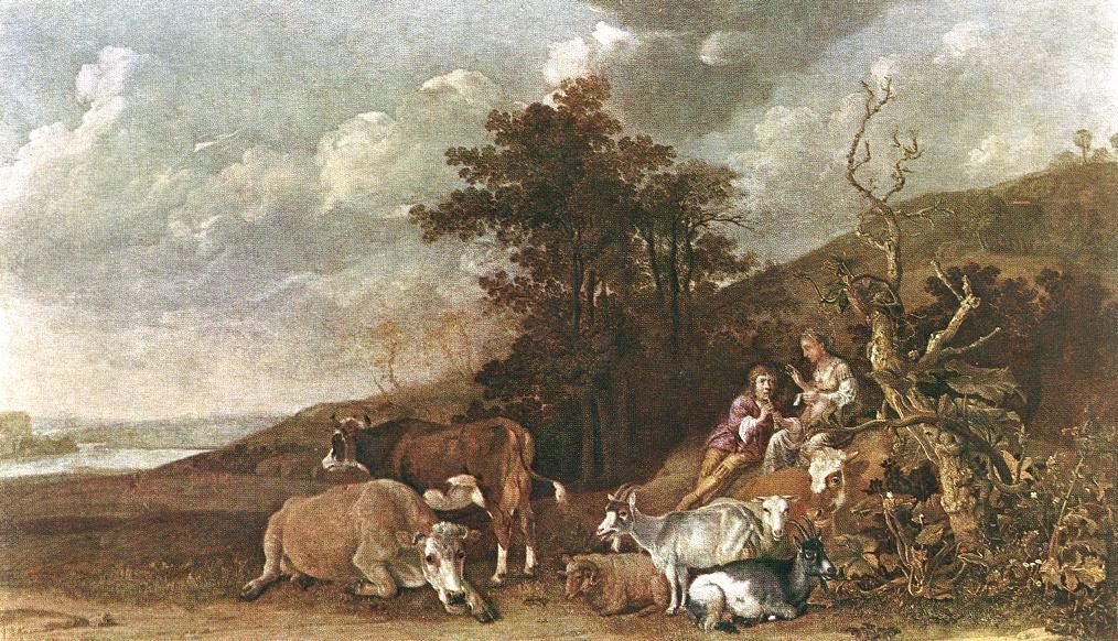 Landscape With Shepherdess And Shepherd Playing Flute by Paulus Potter